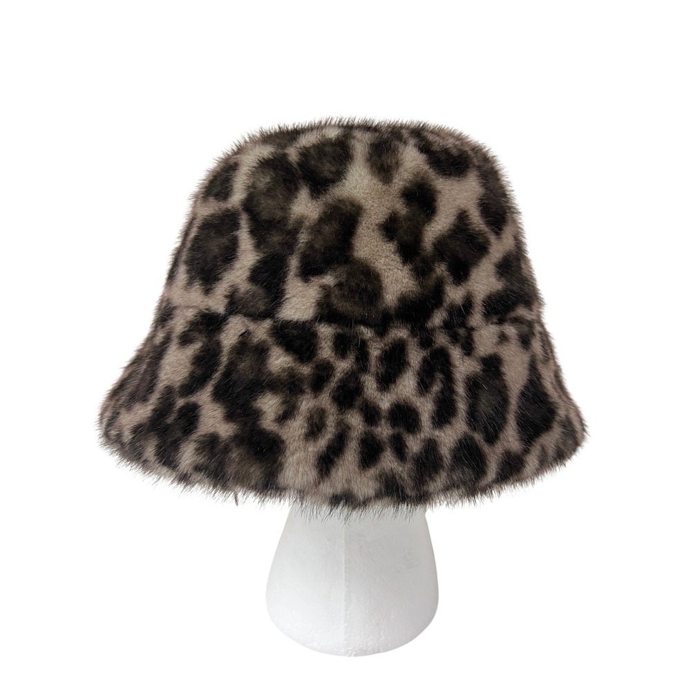 House of Harlow 1960 Bucket Hat Womens OS Leopard Print Excellent Faux Fur Grey